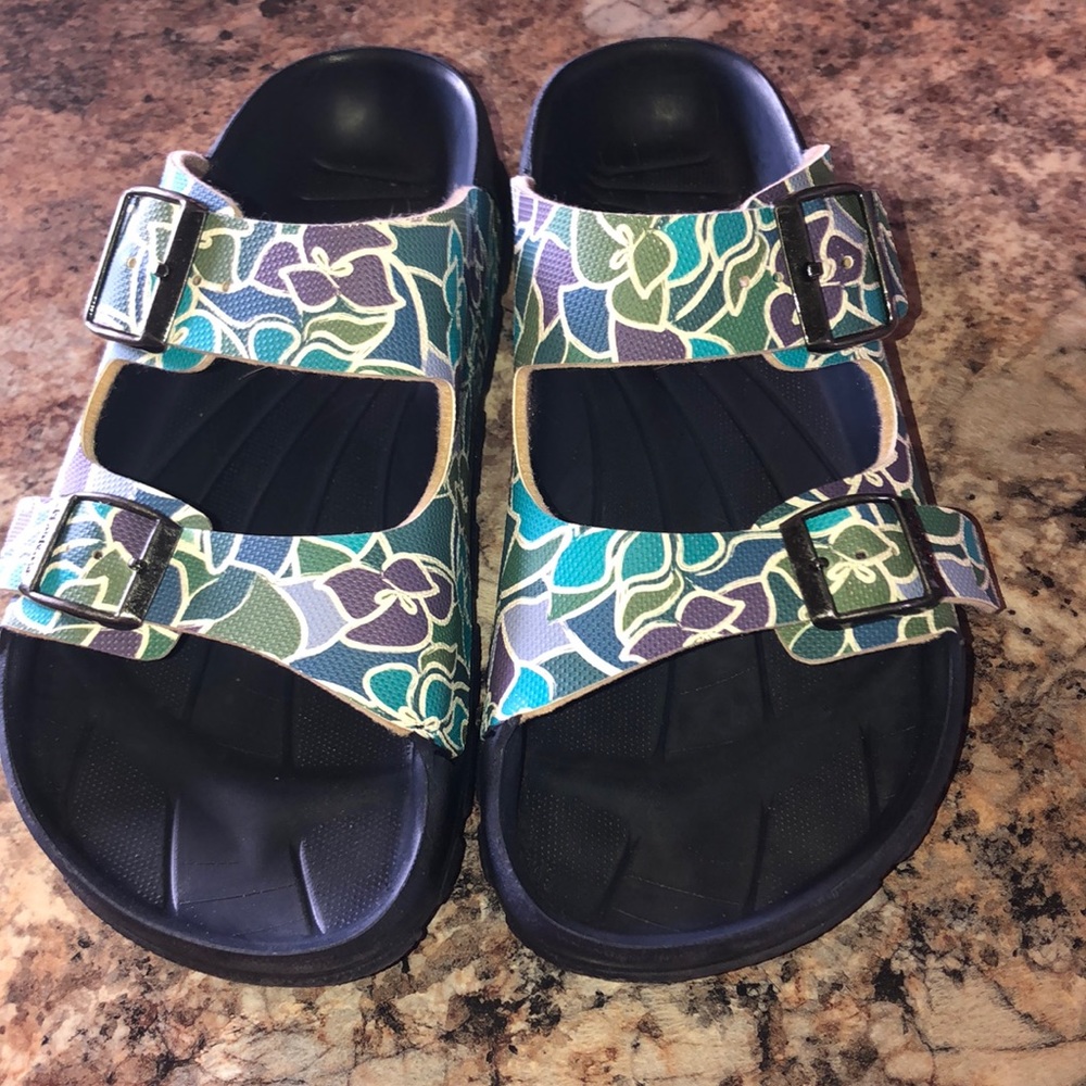 Birkenstock Floral Pattern Teal Green Purple Double Buckle Sandals - Picture 2 of 5